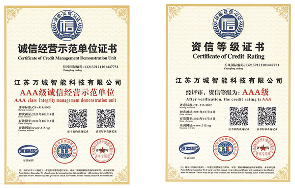 萬城誠信經(jīng)營示范單位證書